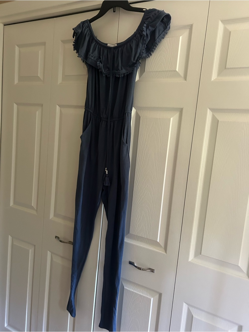 Planet Gold Navy On or Off-Shoulder Ruffle Jumpsuit